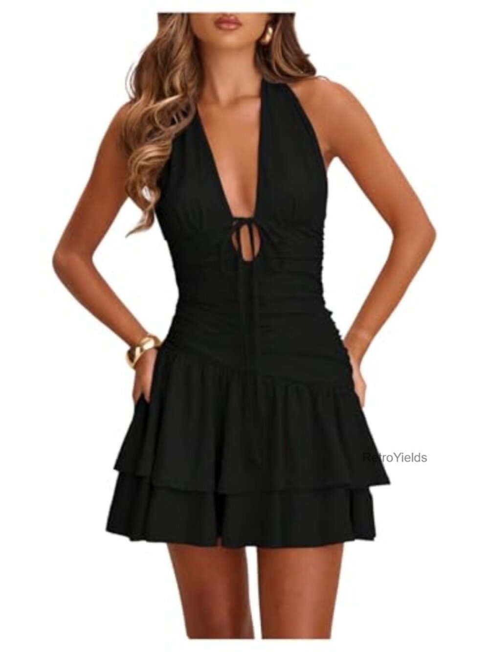 Deep V Neck Halter Mini Dress Asymmetrical Layered Ruffles